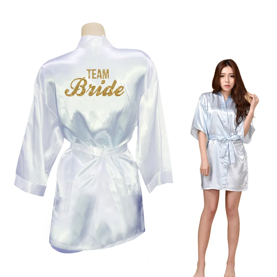 Невесты корона "Team Bride золотой блеск печать кимоно Халаты из искусственного шелка Для женщин девичник Свадьба preparewear - Цвет: Light  Blue TEAM