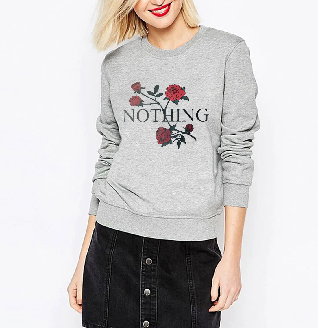 Новое поступление, Забавный свитшот с надписью «Nothing», kawaii, толстовки с принтом розы, женские толстовки, осенне-зимние повседневные флисовые спортивные костюмы - Цвет: gray
