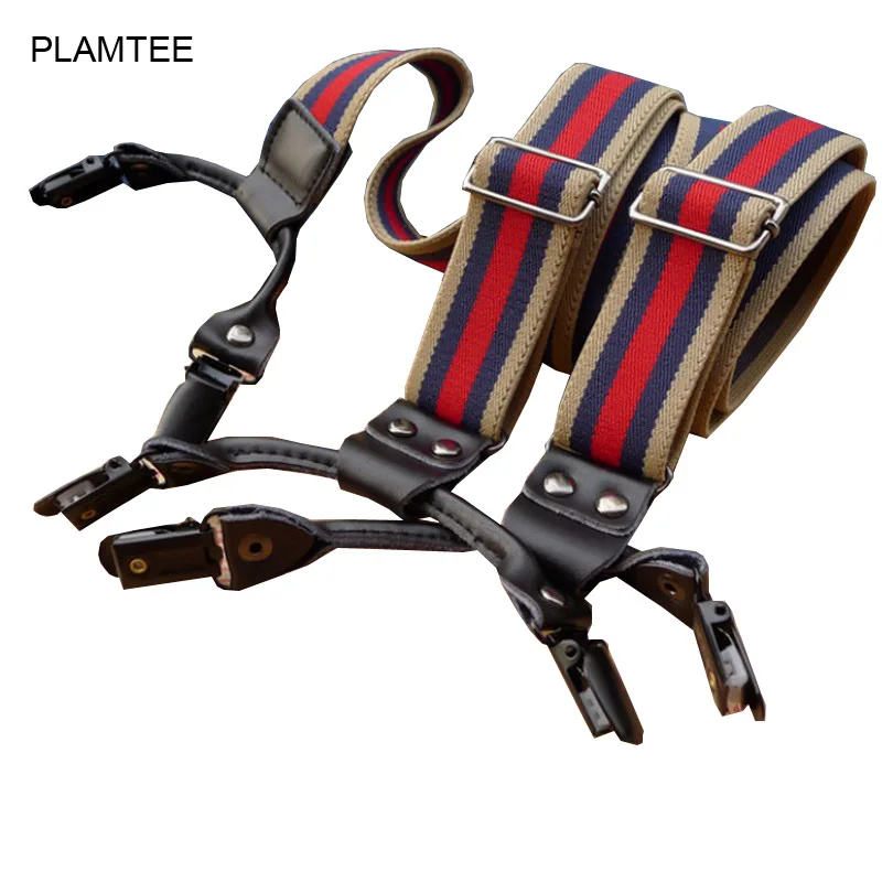 6 клип пояса из натуральной кожи Эластичные подтяжки мужские Женская мода Полосатый Регулируемый Bretelles Unisexe