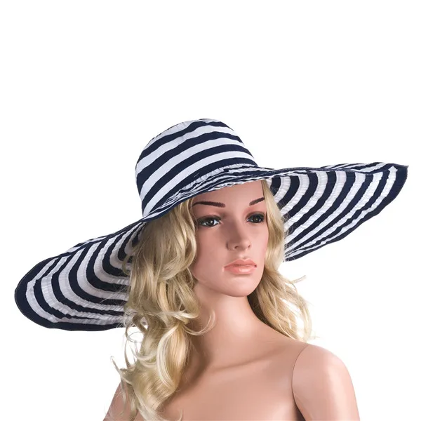 Navy Blue Для женщин s шляпа от солнца большой широкими полями летние мягкие шляпы Женская Полосатая повязка Кентукки Дерби шляпа модные пляжные Шапки для Для женщин A266 - Цвет: Navy Blue