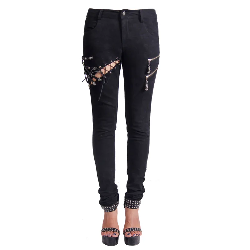 Steampunk Summer Women's Pants Gothic Black Skeleton Printing Broken Hole Jeans Pants Long Trousers With Mid Waist
