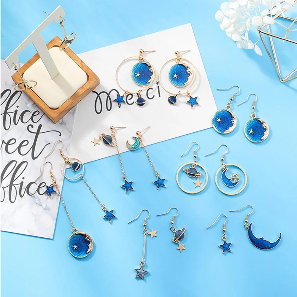 Creative Women Cartoon Moon Star Planet Charm Hook Earrings Asymmetry Jewelry New Shipping | Украшения и аксессуары