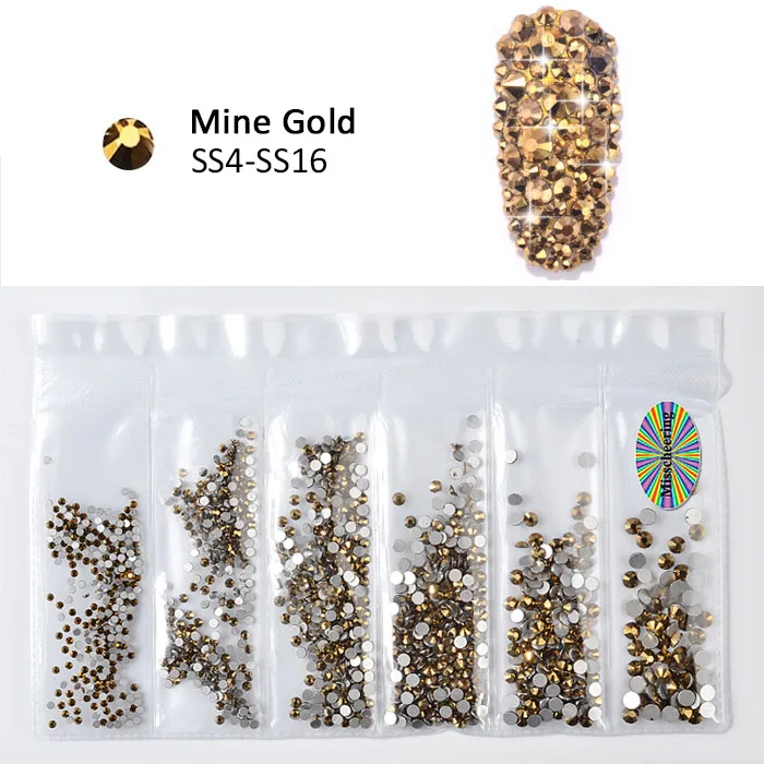 12 Mine Gold 1 упаковка, смешанные SS4-SS16 Стразы для ногтей, цветные кристаллы AB, стеклянные камни без горячей фиксации, стразы с плоской задней поверхностью, блестящие украшения для ногтей - Цвет: 12 Mine Gold