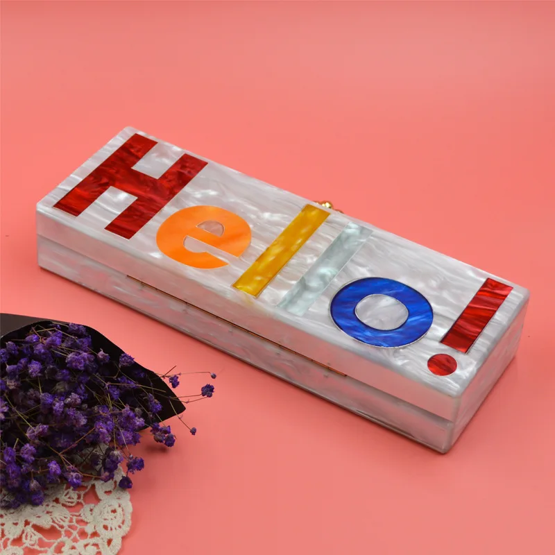 Роскошная дизайнерская женская акриловая вечерняя сумка с надписью «Hello» прямоугольные клатчи сумка для ужина модная маленькая сумка через плечо