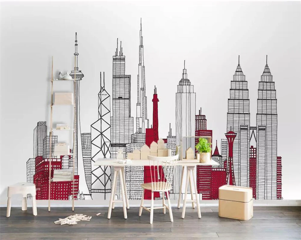 

Beibehang Custom wallpaper Nordic minimalist hand-painted building TV background wall living room bedroom mural 3d wallpaper