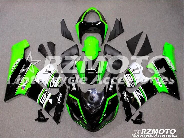 

Новый комплект обтекателей для мотоциклов из АБС-пластика для Kawasaki Ninja ZX6R 636 2005 2006, черный и зеленый цвет, магазин комплектов ACEKITS No.0052