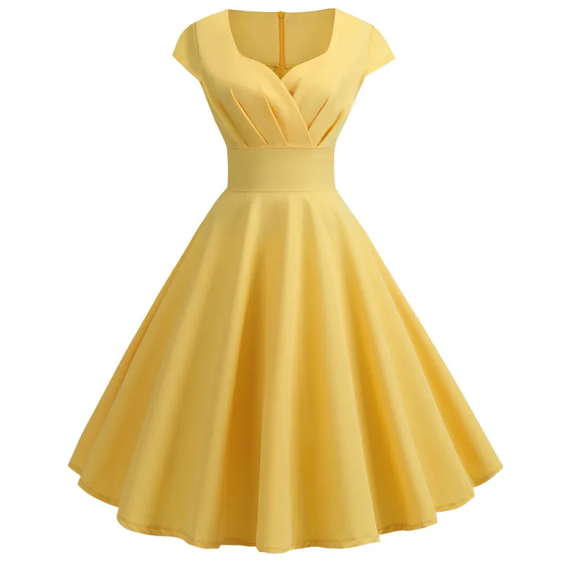 Women Summer Dress Solid Color Retro Vintage 50s 60s Casual Party Office Robe Rockabilly Dresses Vestidos