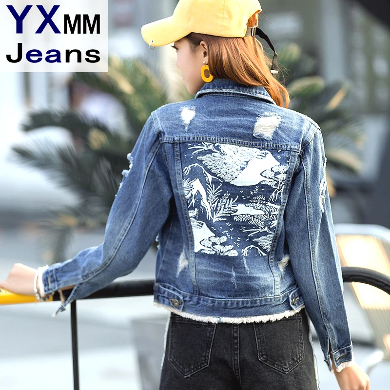 YXMM Для женщин одноцветное пальто деним принт сзади куртка 2018 в винтажном стиле с
