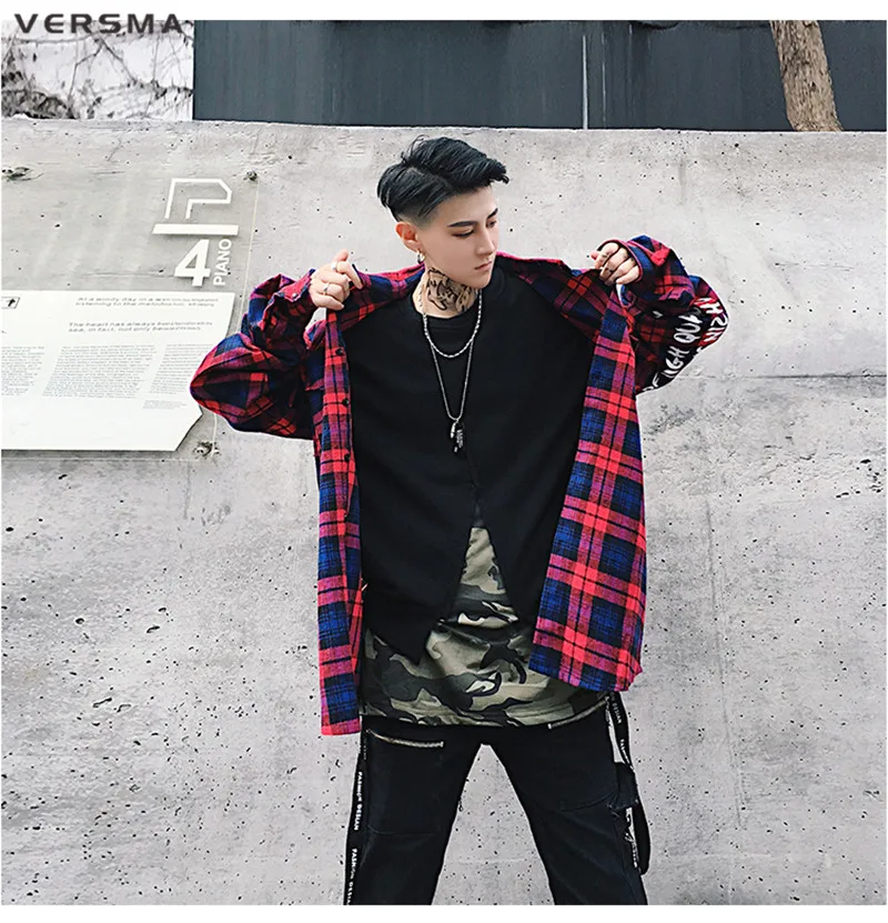 VERSMA High Street хип хоп граффити печатных Лоскутная рубашка в клетку для мужчин японский Harajuku BF винтажные клетчатые рубашки дропшиппинг