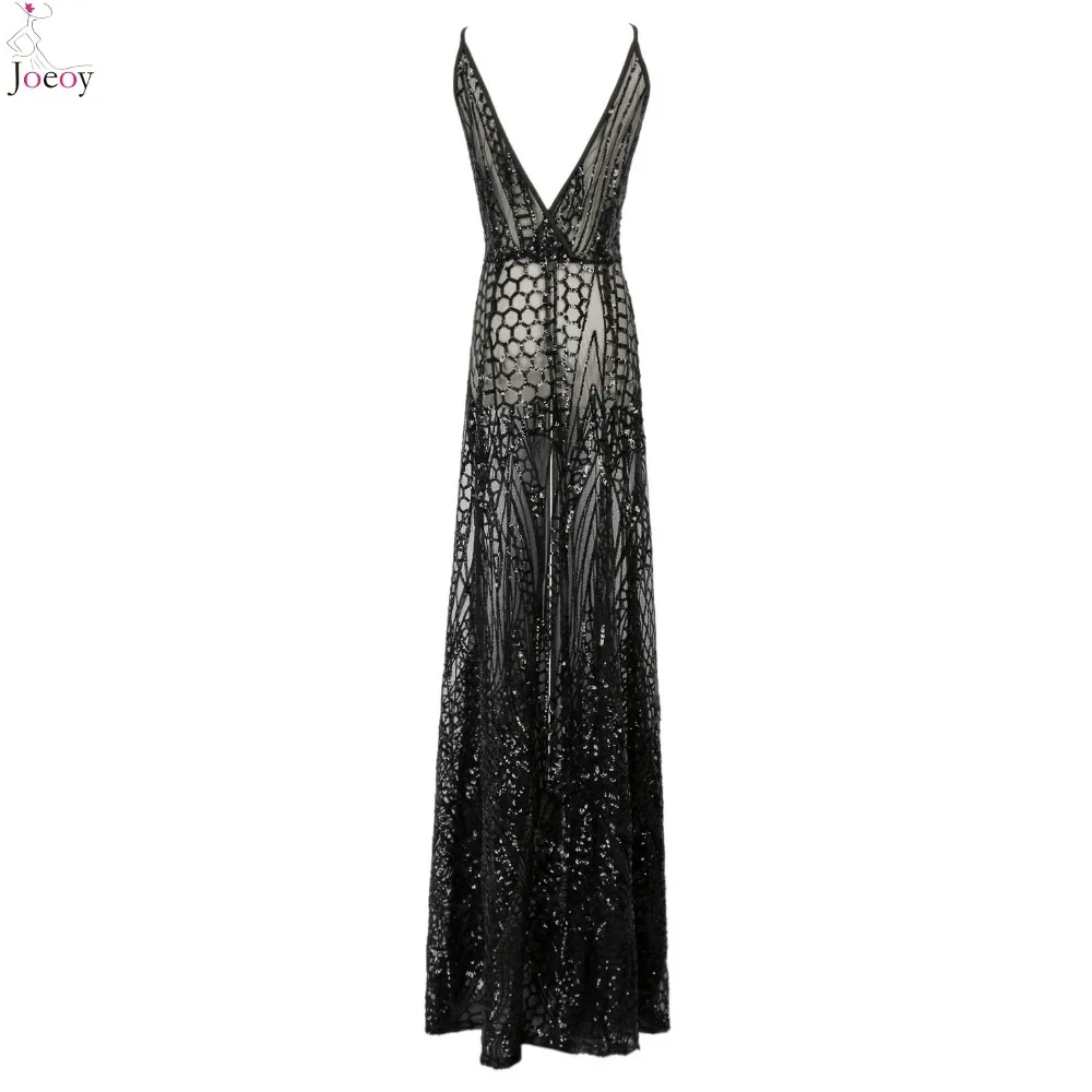 Женщины Черный Блестками Wrap V-образным Вырезом Сплит Макси Платье 2016 Весной Новый