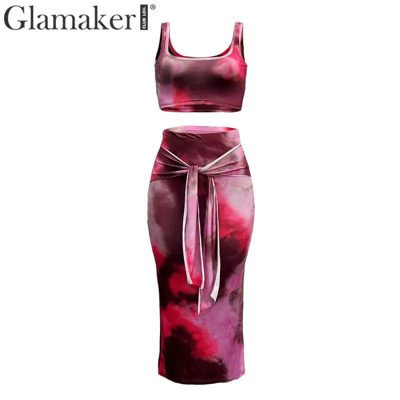 Розовый Glamaker, сексуальный галстук, окрашенный принт, костюм из двух частей, платье миди, женское, без рукавов, Бандажное платье, летнее, бодикон, вечерние, для клуба, элегантное платье - Цвет: Розовый