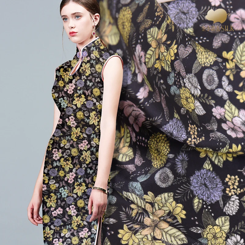 Цифровая Струйная шелковая тяжелая атласная ткань 30 мм глянцевое платье Чонсам