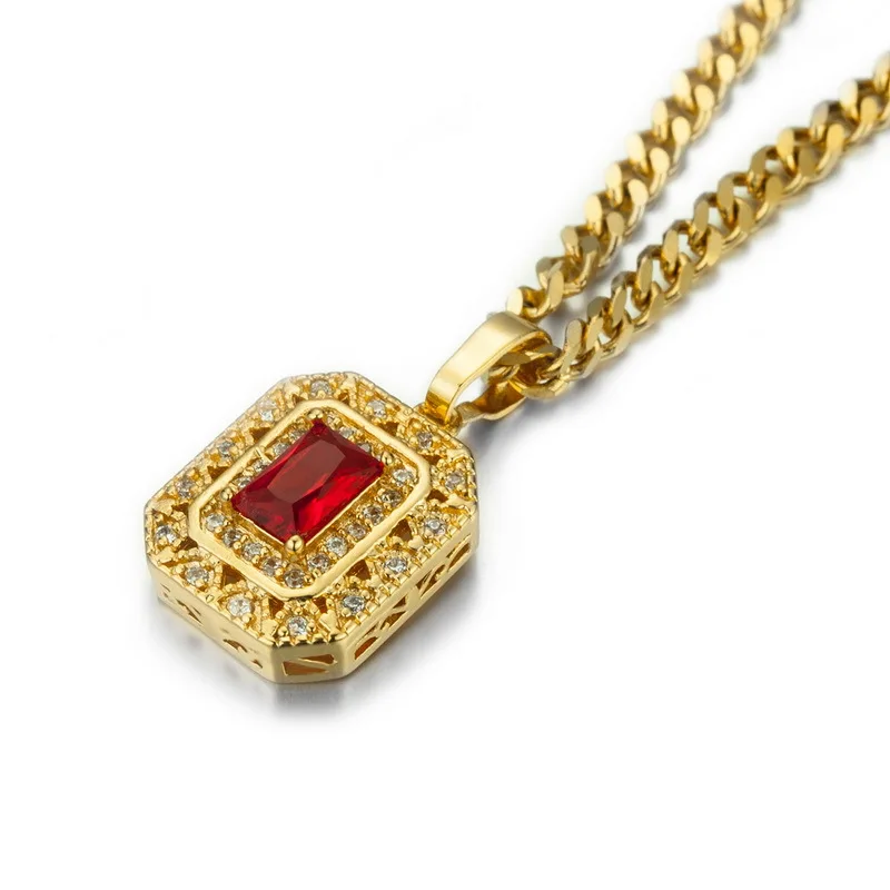 Small Gold Charm Green Black Red Gem Pendant Necklace Zircon Stone Stainless Steel Link Chain Hip Hop for Men Women Jewelry | Украшения и