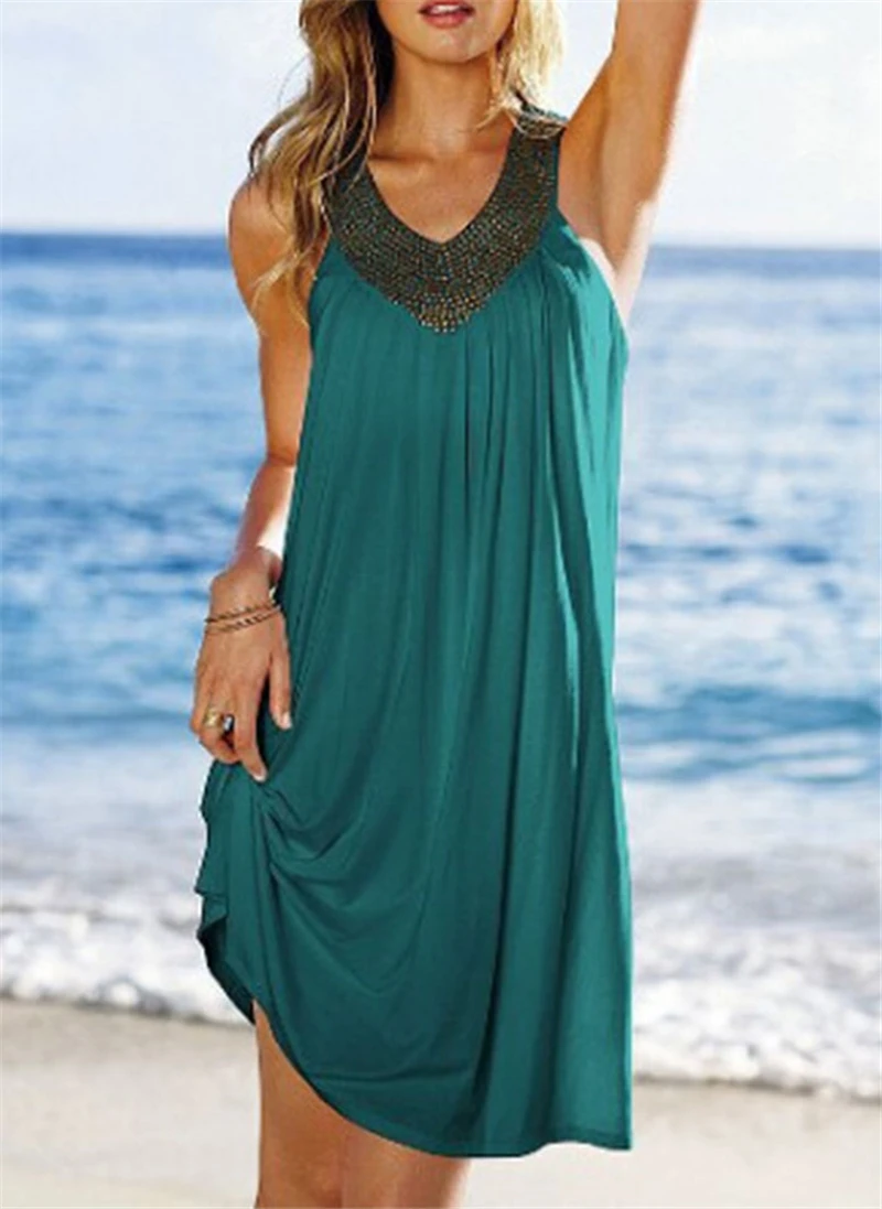 Летние платья Robe Femme Ete, пляжная одежда Boho, женские повседневные платья с v-образным вырезом, лоскутное свободное платье с пайетками
