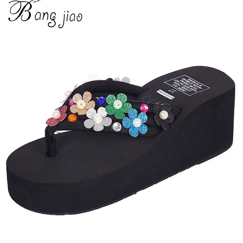 Шлепанцы ручной работы с блестящими цветами для женщин пляжные шлепанцы в