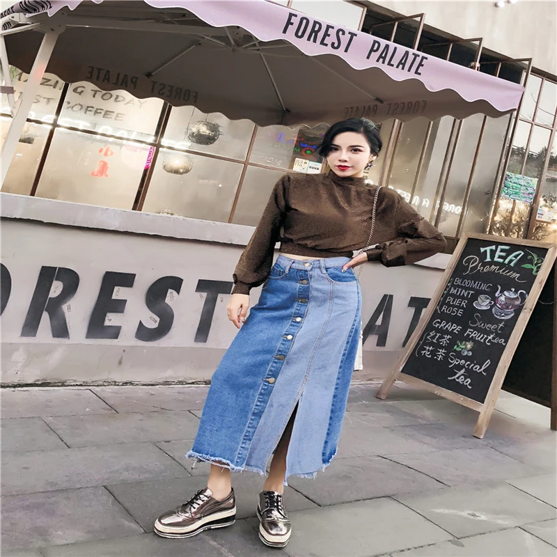 HziriP Women Denim Skirt 2018 Autumn Winter Ladies Casual Button Contrast Color Irregular High Waist Mini Clothing | Женская одежда