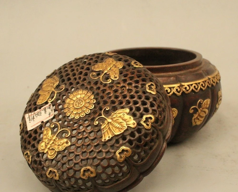 4&quot Chinese Purple Bronze 24K Gold Butterfly pumpkin Statue Incense Burner Censer | Дом и сад