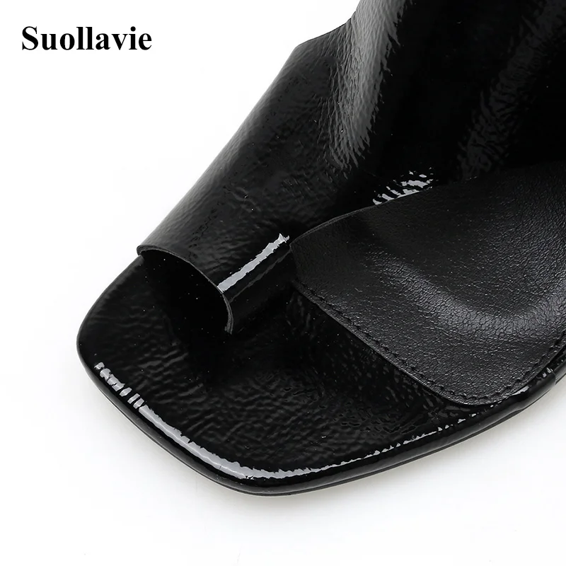 Женские шлепанцы на квадратном каблуке черные пляжные высоком с открытым носком