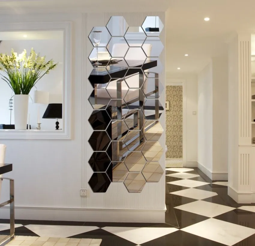 12 шт. 3D зеркальный шестигранный винил съемная Наклейка на стену наклейка для