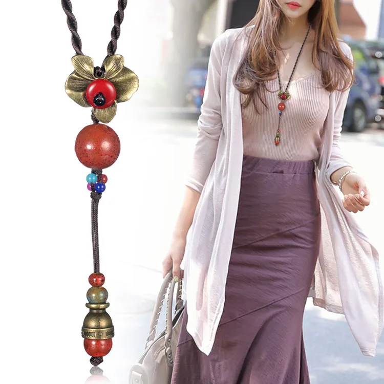Модный винтажный народный стиль бусины в стиле ретро цветок кулон длинный свитер