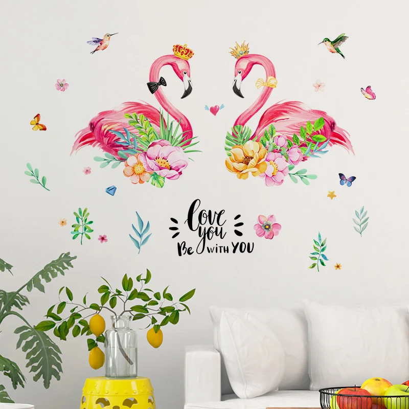 [shijuekongjian] Romantic Flamingo Wall Sticker DIY Plant Leaves Animals Decals for Kids Rooms Baby Bedroom Decoration | Дом и сад