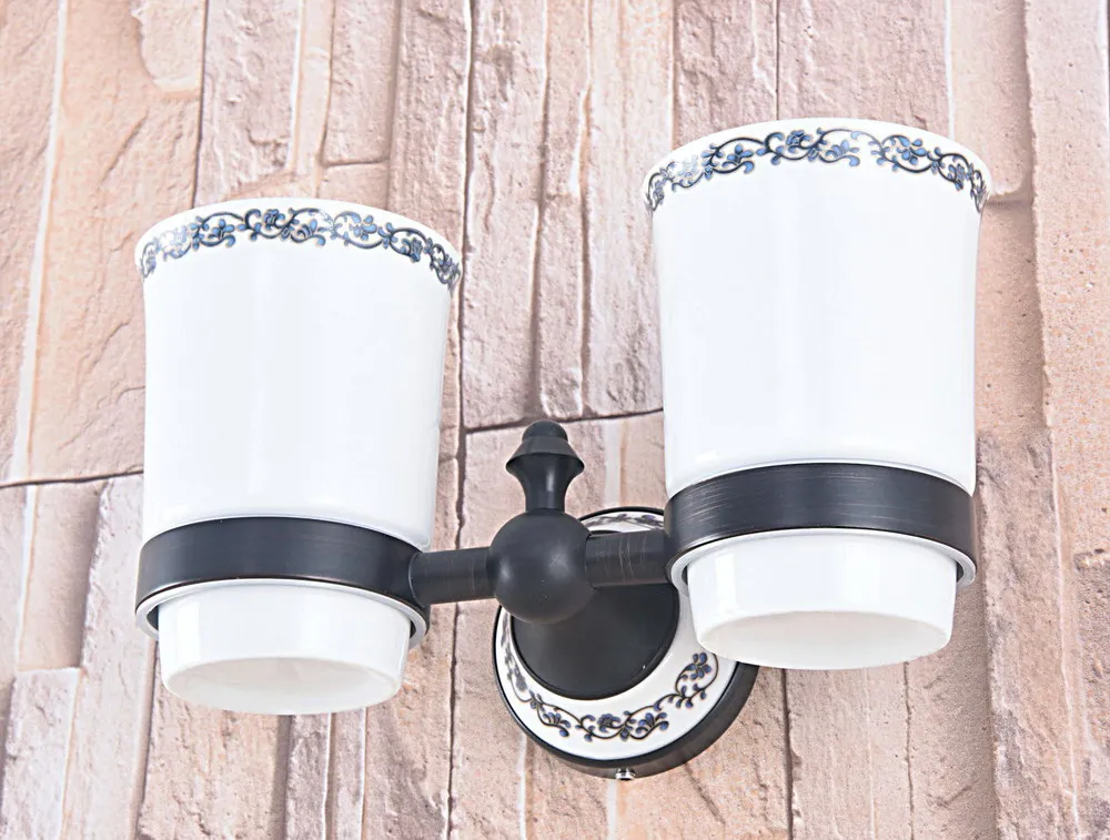 Черный бронзовый двойной держатель зубной щетки с керамическим цветком