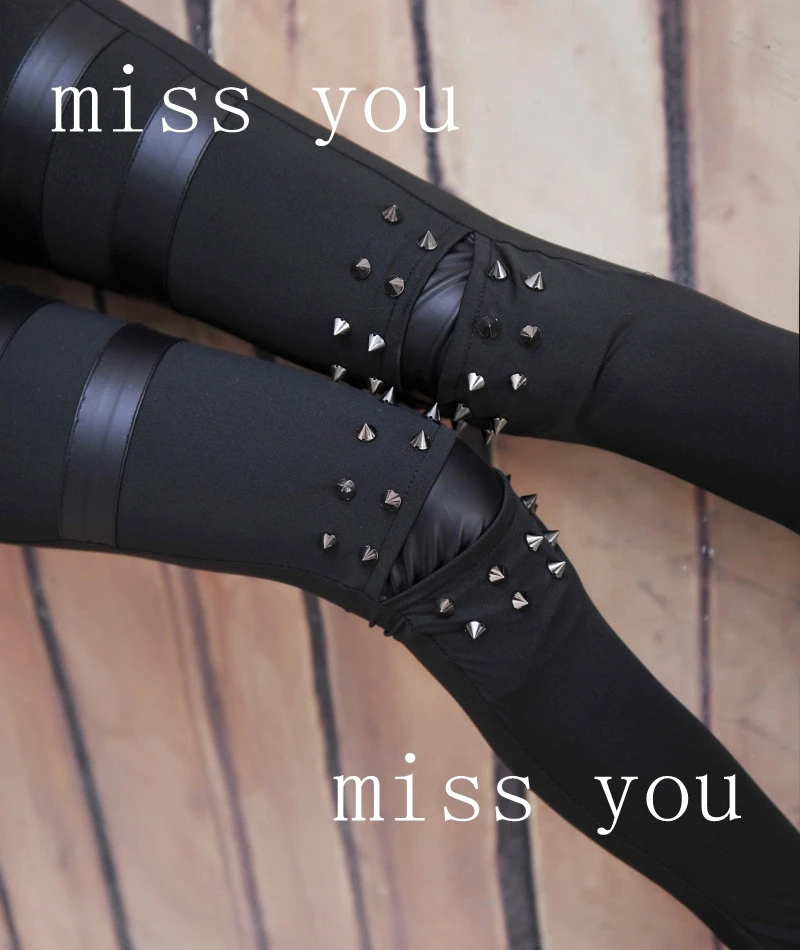 Punk fabric and fake Leather Leggings Women Sexy black patchwork Pants Stretch Gothic pant lady sexy Rivit Leggins Slim capris | Женская