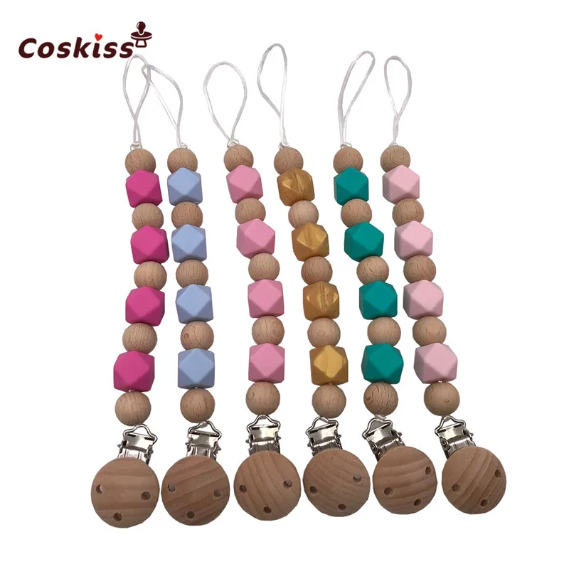

Baby Safety Silicone Baby Teether Wooden Beads Teething Chew Toy Infant Teethers Pacifier Clip Baby Accessory Gift BPA Free