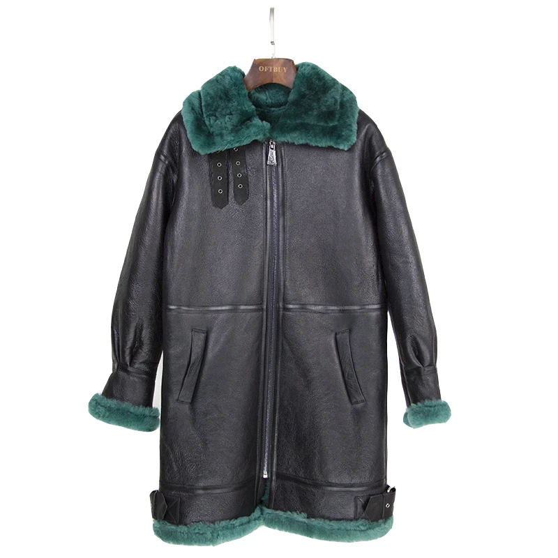 black green OFTBUY, зимняя женская куртка, пальто из натурального меха, натуральная кожа, натуральный мех мериноса, овечья шерсть, подкладка, двусторонний мех, уличная парка - Цвет: black green
