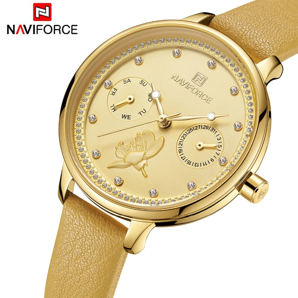 NAVIFORCE новые женские часы Модные Дамские Кварцевые из натуральной кожи ремешок