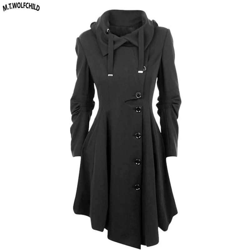 Женский шерстяной Тренч с капюшоном повседневная верхняя одежда в готическом