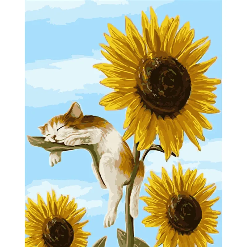 Painting By Numbers DIY Dropshipping 40x50 50x65cm Sun flower sleeping kitten Animal Canvas Wedding Decoration Art picture Gift | Дом и сад