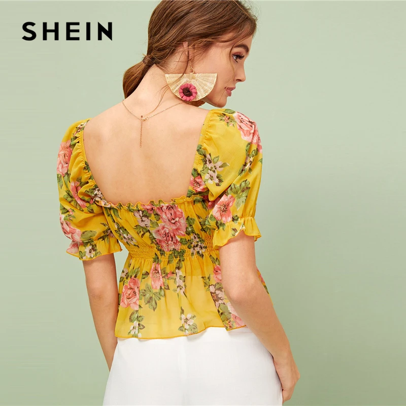 SHEIN женский топ с цветочным принтом и оборкой, с баской, летние, расклешенные, гофрированные блузки, Boho Ginger Ruffle Hem, Женские топы и блузки
