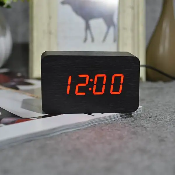black red Suncree бамбук зеленый термометр светодиодный цифровые часы, управление звуками деревянные будильники, настольные часы Прямая поставка - Цвет: black red