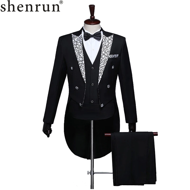 Shenrun Men Fashion Tailcoats Slim Fit Tuxedos Pattern Peak Lapel Wedding Grooms Party Prom Stage Costumes Singers Skinny Suits
