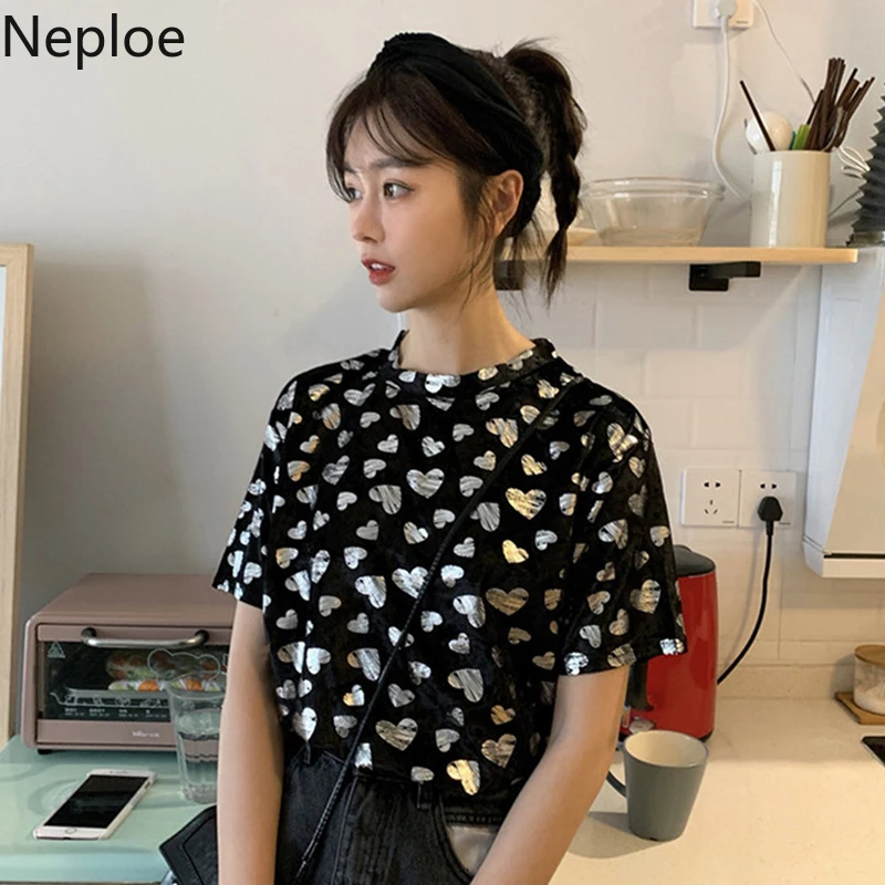 Neploe Сердце шаблон женские Топы Harajuku o-образным вырезом короткий рукав футболки