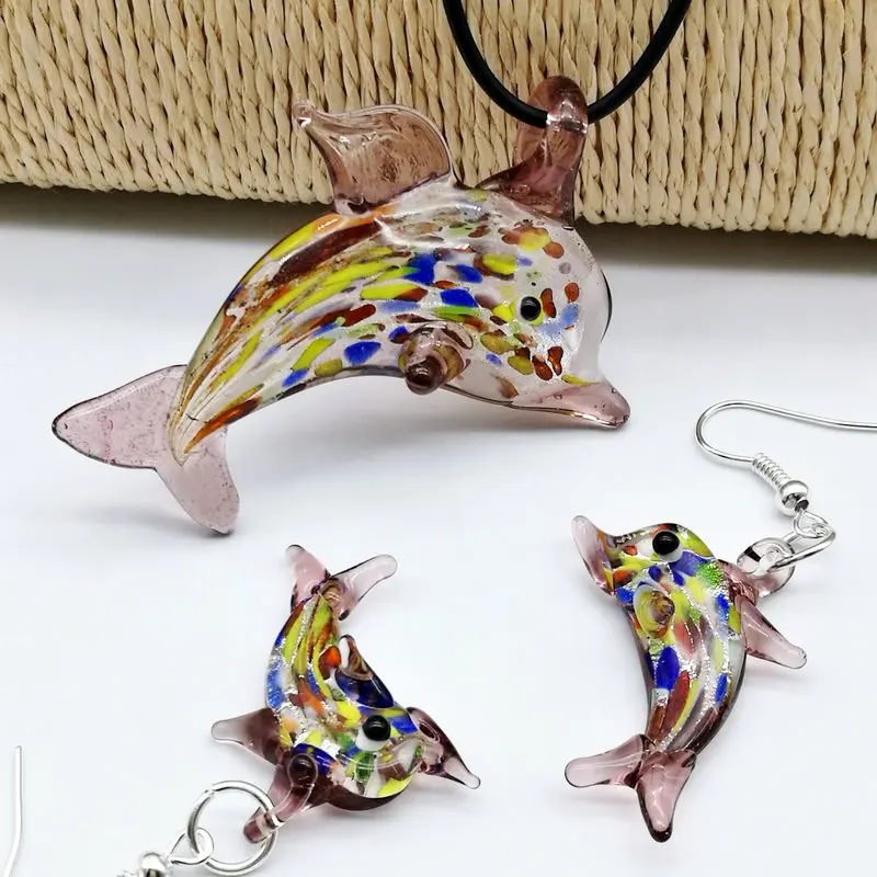 

Free Shipping Wholesale 6 Sets Purple Dolphin Foil Lampwork Glass Pendant Necklace Earrings Fashion Jewelry
