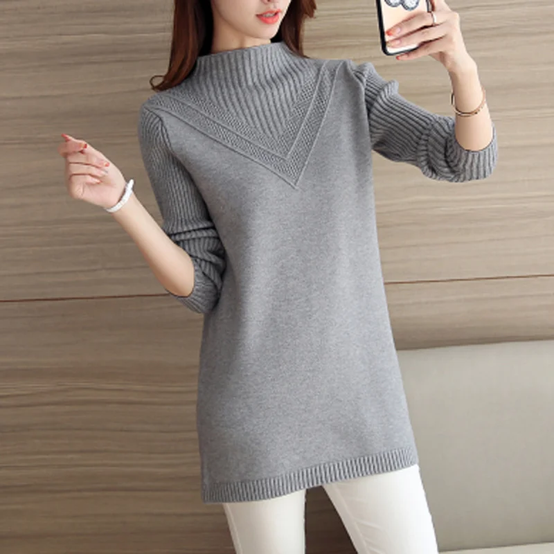 2021 Autumn Winter Women Long-sleeved Knit Sweater Warm Slim Turtleneck Solid color Pullover Shirt Medium long Lady | Женская одежда