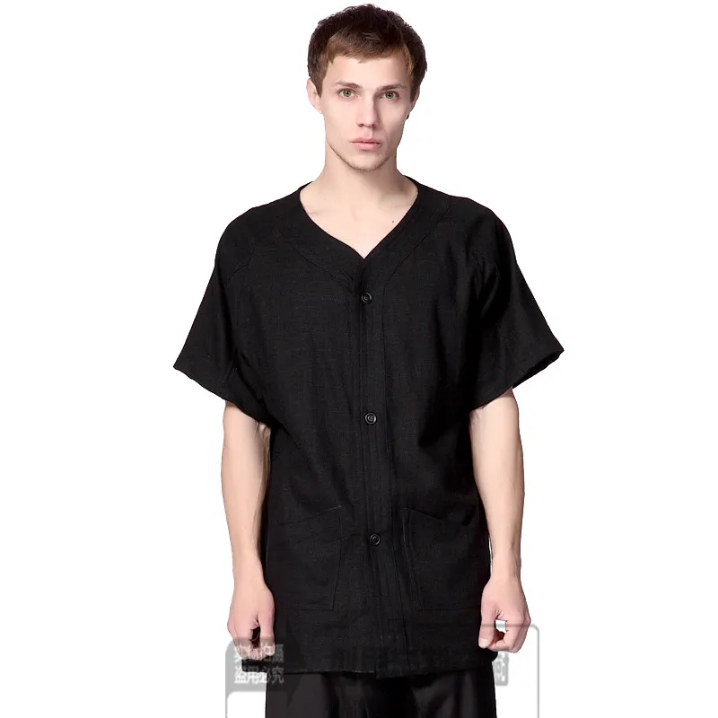 

Big yards men's clot 2018 New black spring xia han edition T-shirt v-neck cotton and linen breathable hair stylist leisure shirt