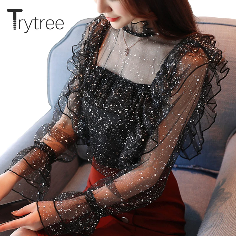 Trytree весенне летняя женская блузка шифоновая повседневная кружевная длинный