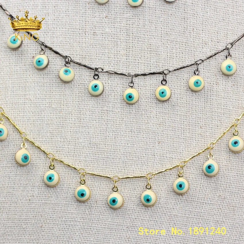 

5meters Wholesale Rosary Chain Jewelry,Evil Eye Enamel Beaded Chain Healing Necklace,Cream White Blue Lampwork Glass Beads ZJ335
