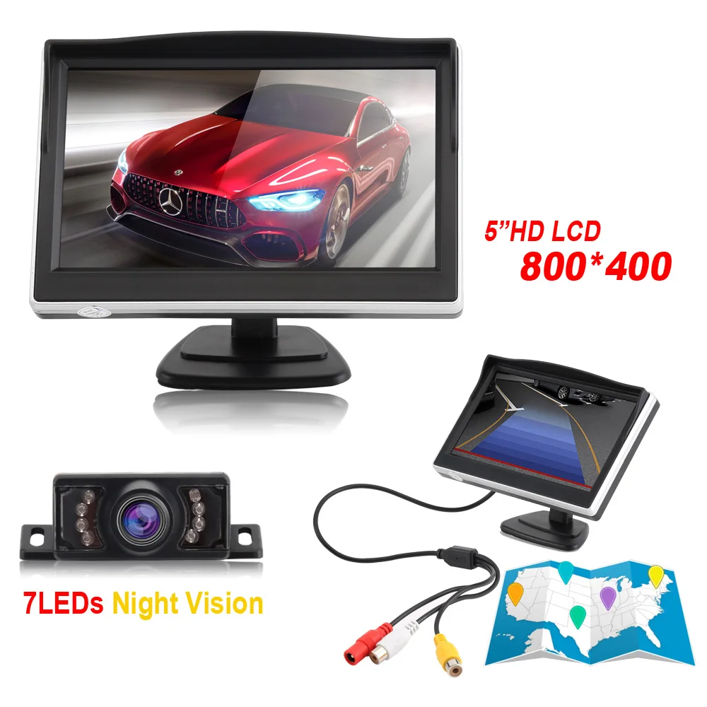 Wireless Waterproof HD Reverse Backup 7 Led Car Rear View Camera+ 5 inch LCD Display Rear View Monitor Car Monitor