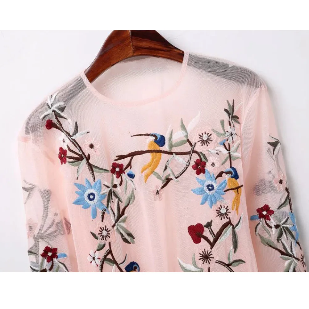 Женская прозрачная блузка с цветочной вышивкой Полупрозрачная рубашка длинным