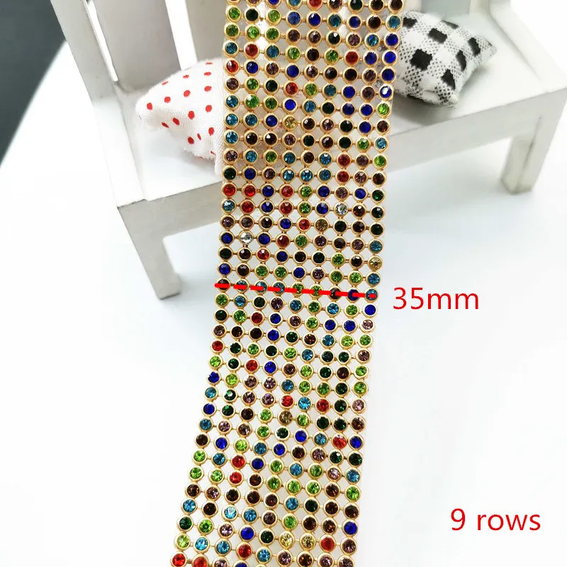 Colorful 9 rows Стеклянные стразы+ серебро, алюминиевые стразы, сетчатая отделка, горячая фиксация для украшения свадебного платья DIY - Цвет: Colorful 9 rows