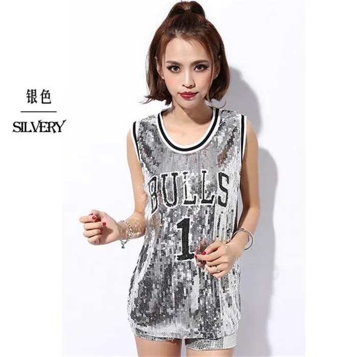 Silver Jazz Tee Новые блестки DS Костюмные Топы для женщин девочек певцы хип-хоп танец джазовая сцена Одежда для женщин s Bulls 1 футболка с блестками - Цвет: Silver Jazz Tee
