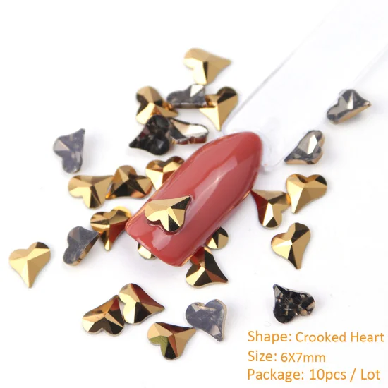Crooked Heart 6x7mm 10 шт Минеральное Золото украшения для ногтей Стразы, бриллианты камни плоское стекло 3D Стразы ювелирные изделия бусины для дизайна ногтей аксессуары CH935 - Цвет: Crooked Heart 6x7mm