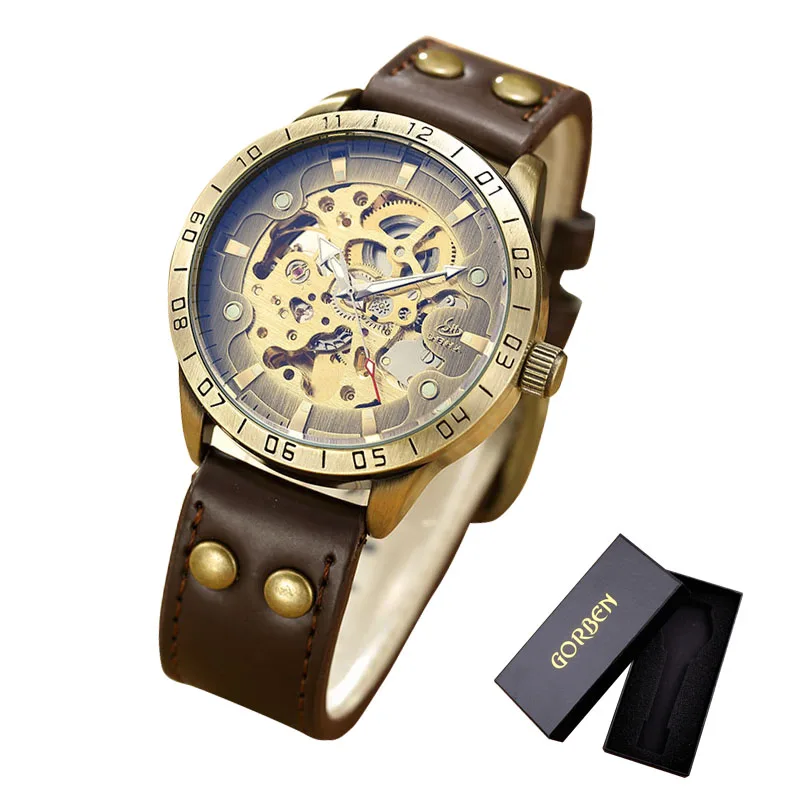 Brown with box Винтажные автоматические механические часы для мужчин,, бронзовый Топ бренд, Роскошные, Ретро стиль, натуральная кожа, с римскими цифрами скелетоны, шкала, циферблат, мужские часы s - Цвет: Brown with box
