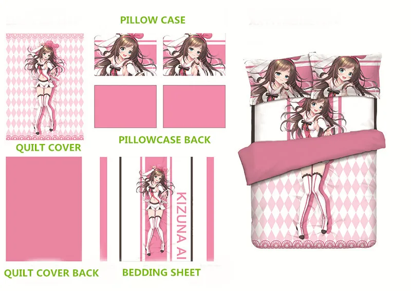 

4Pcs Anime BEDDING SETS KIZUNA AI Soft Printed Bedding Set With Pillow Cases Bed Sheet Duvet Cover Set FOR 1.2M/1.5M BED