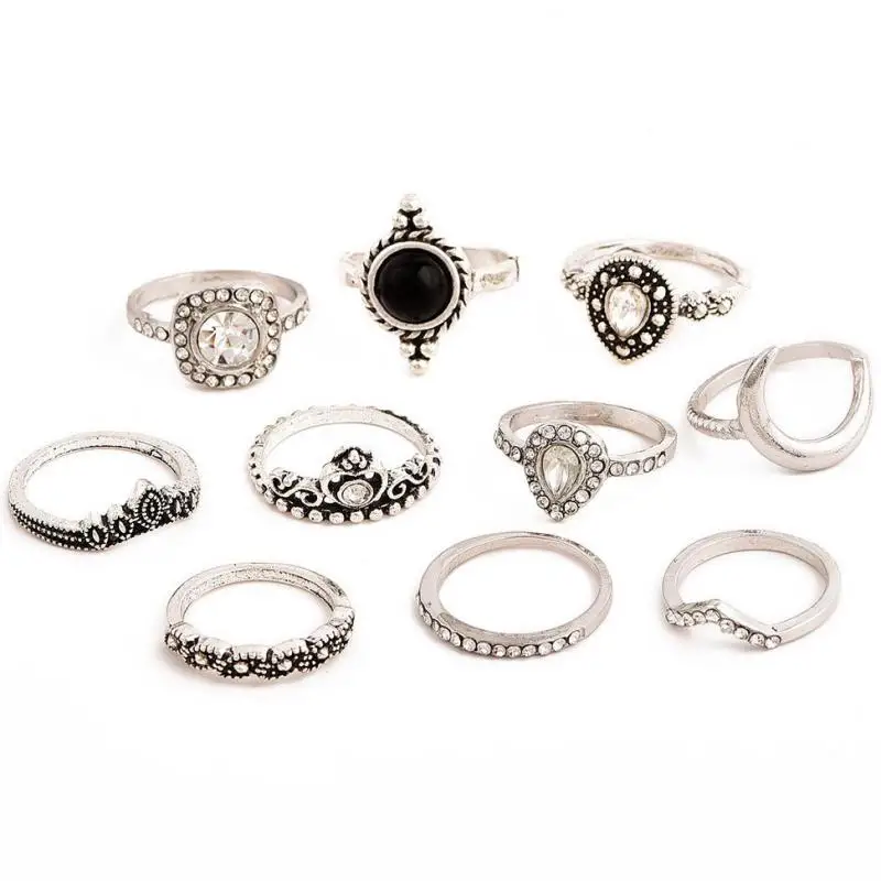 10pcs/set Vintage Antique Ring Set For Women Finger Heart Crystal Of Midi Boho Jewelry Gift Knuckle Rings | Украшения и