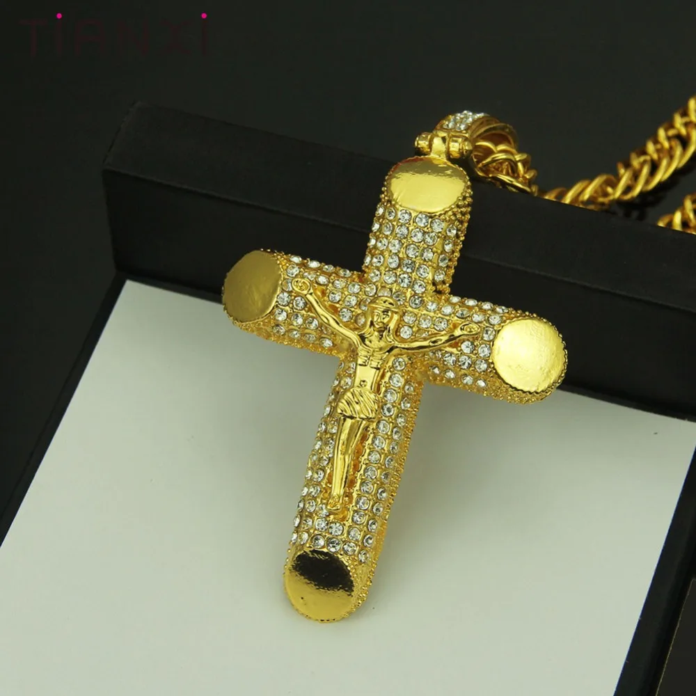 Hip Hop Alloy Gold Color Cross Pendant Necklace Religious Iced Out crystal Crucfix Jewely For Men Free Chain |
